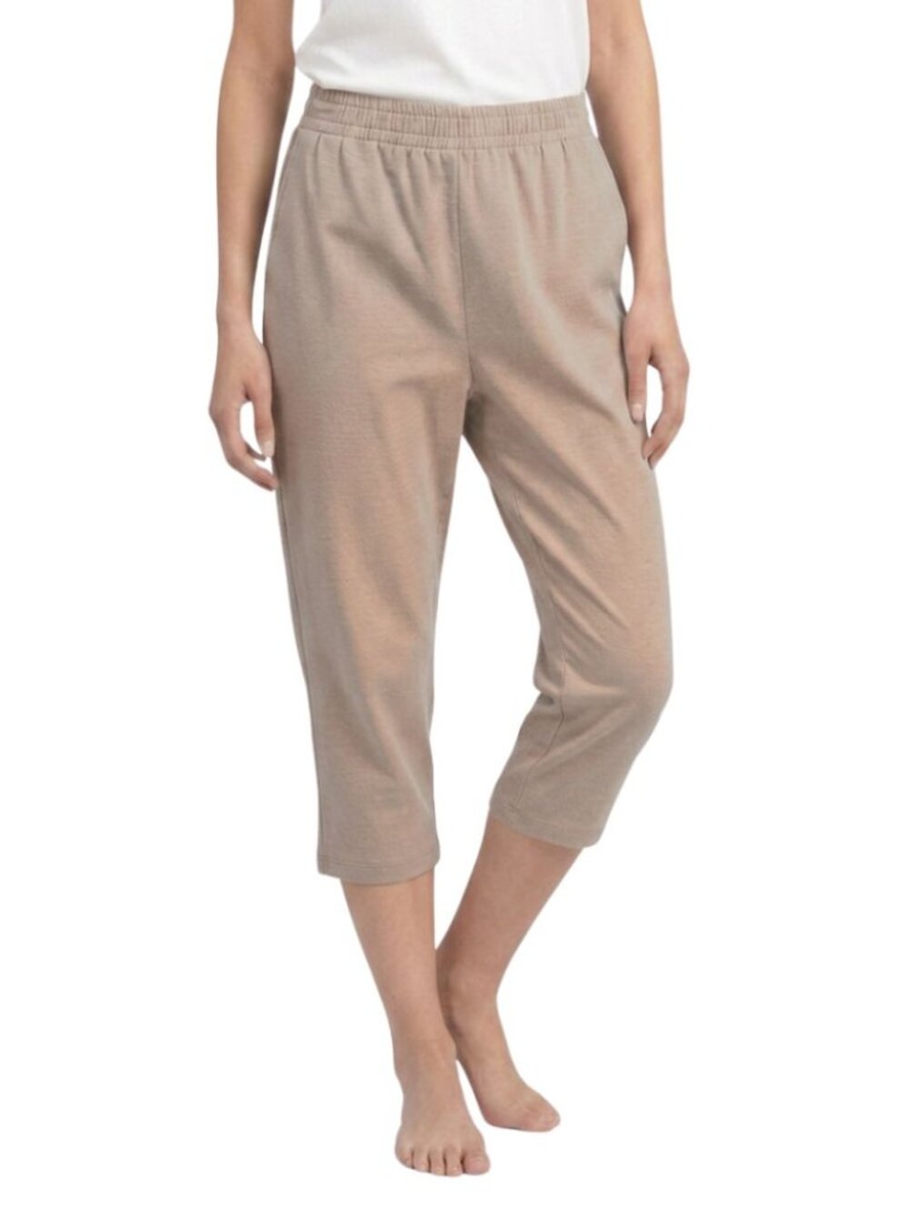 100% Cotton Straight-Leg Pull-On Capris. Beige.